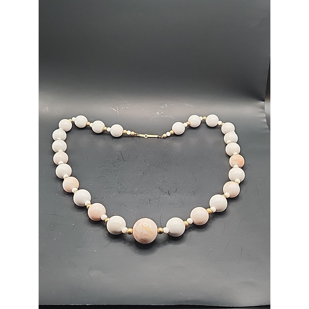 Vintage Signed VA Chunky Beaded Acrylic Necklace White/Goldtone/ Pale Orange 31" - Picture 8 of 16